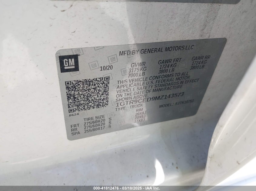 2021 GMC SIERRA 1500 VIN: 1GTR9CED9MZ143573