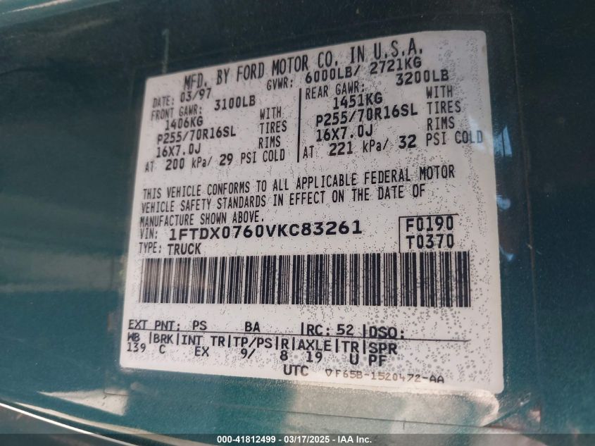 1997 Ford F-150 Lariat/Standard/Xl/Xlt VIN: 1FTDX0760VKC83261 Lot: 41812499