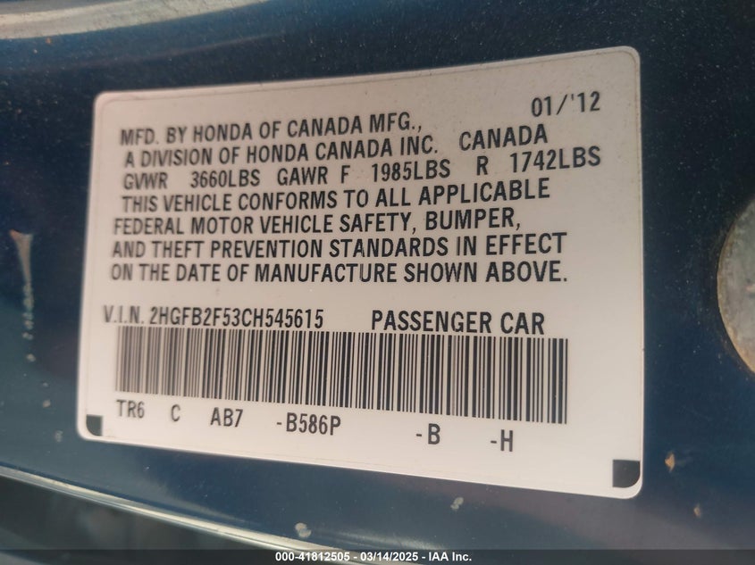 2012 HONDA CIVIC VIN: 2HGFB2F53CH545615