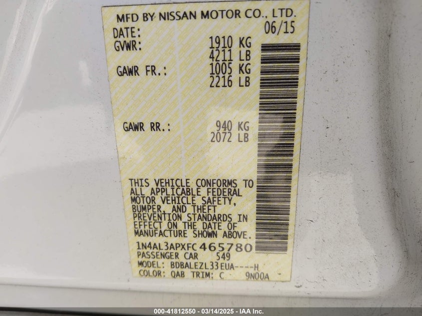 2015 Nissan Altima 2.5 S VIN: 1N4AL3APXFC465780 Lot: 41812550