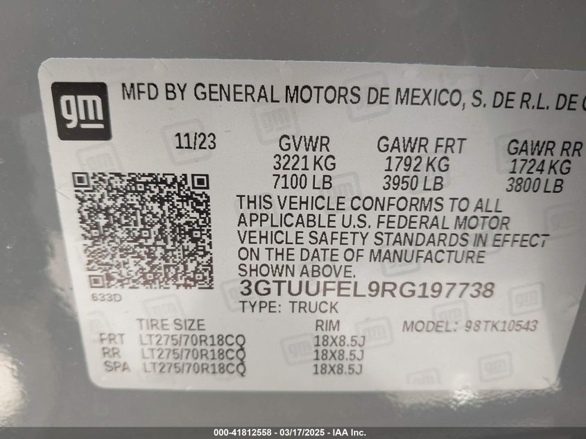 2024 GMC SIERRA 1500 VIN: 3GTUUFEL9RG197738