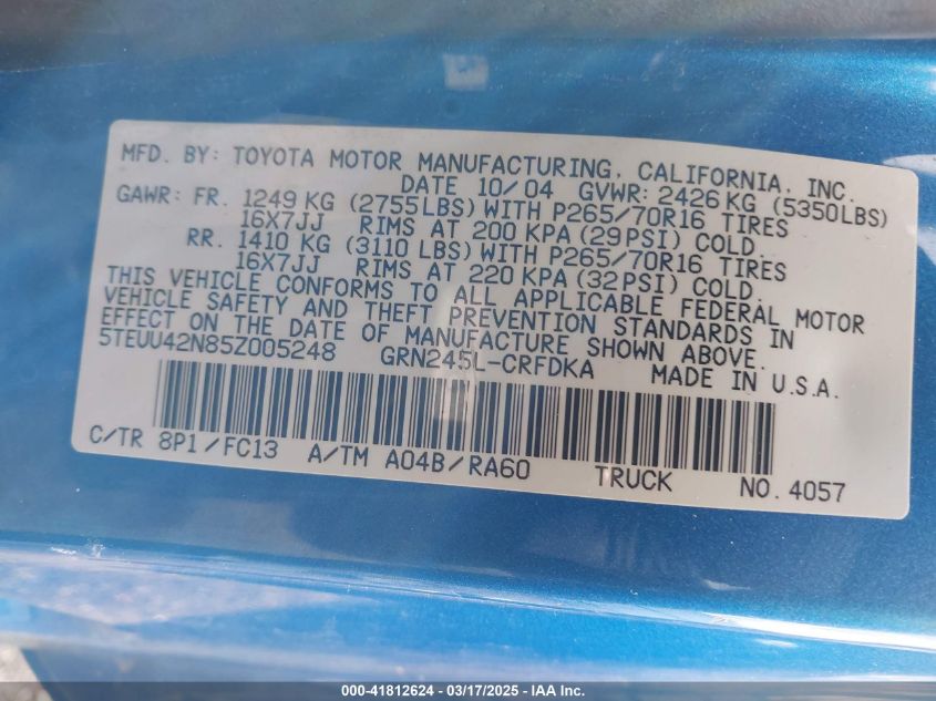 2005 Toyota Tacoma Base V6 VIN: 5TEUU42N85Z005248 Lot: 41812624