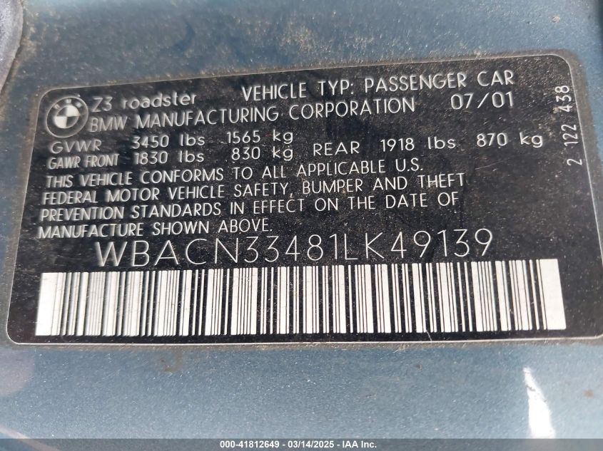 2001 BMW Z3 2.5I VIN: WBACN33481LK49139 Lot: 41812649