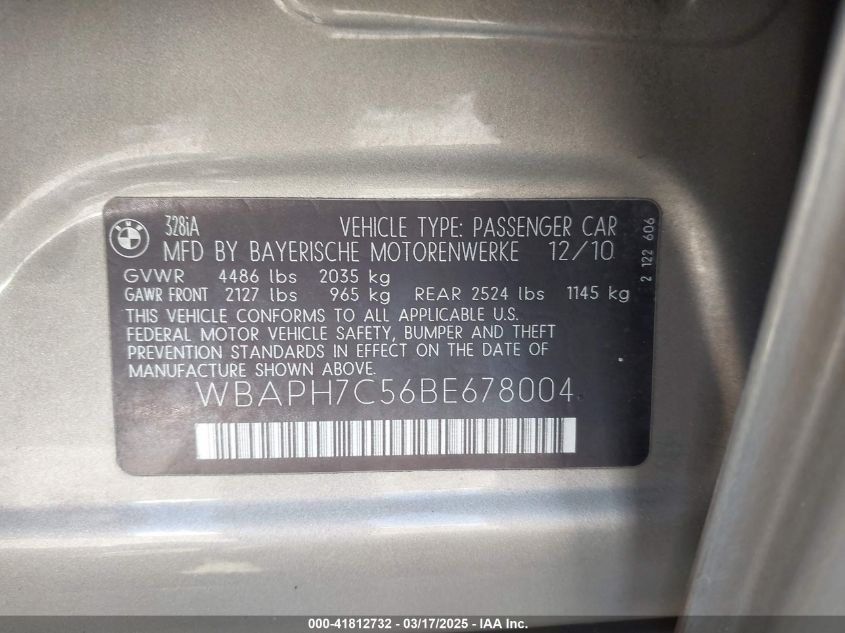 2011 BMW 328I VIN: WBAPH7C56BE678004 Lot: 41812732