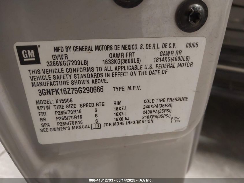 2005 Chevrolet Suburban 1500 Ls VIN: 3GNFK16Z75G290666 Lot: 41812793