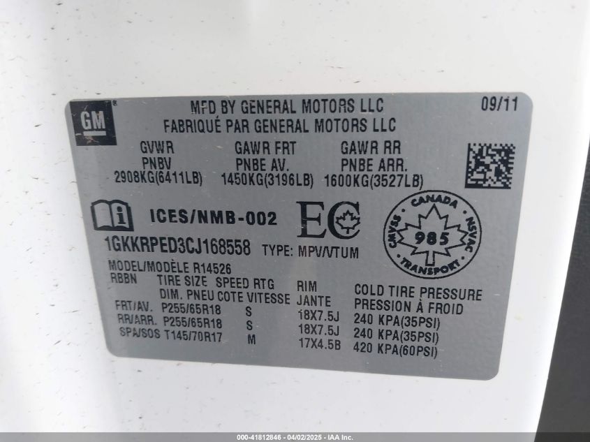 2012 GMC Acadia Sle VIN: 1GKKRPED3CJ168558 Lot: 41812846