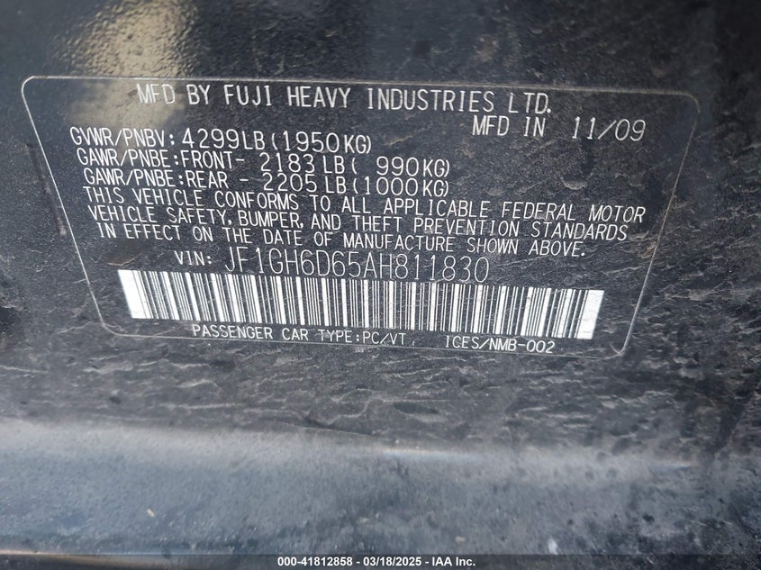 2010 SUBARU IMPREZA OUTBACK SPORT VIN: JF1GH6D65AH811830