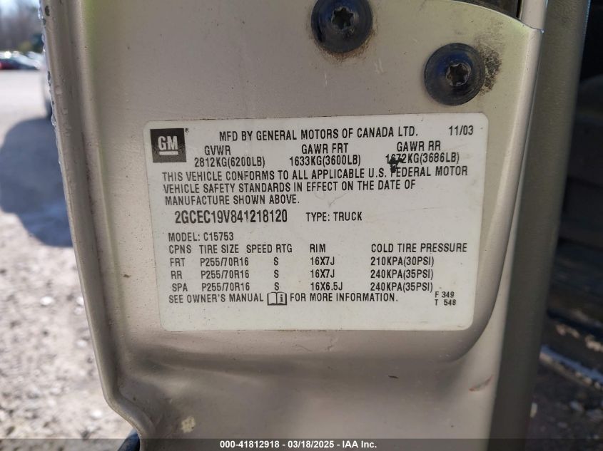 2004 Chevrolet Silverado 1500 Ls VIN: 2GCEC19V841218120 Lot: 41812918