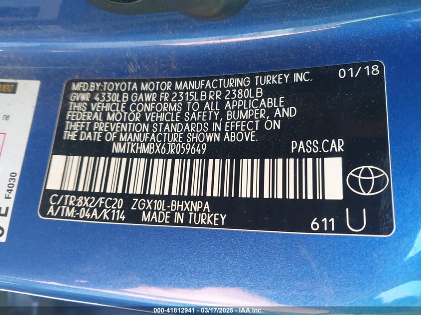 2018 TOYOTA C-HR VIN: NMTKHMBX6JR059649