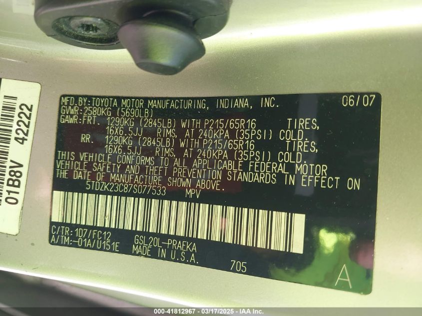 2007 Toyota Sienna Le VIN: 5TDZK23C87S077533 Lot: 41812967