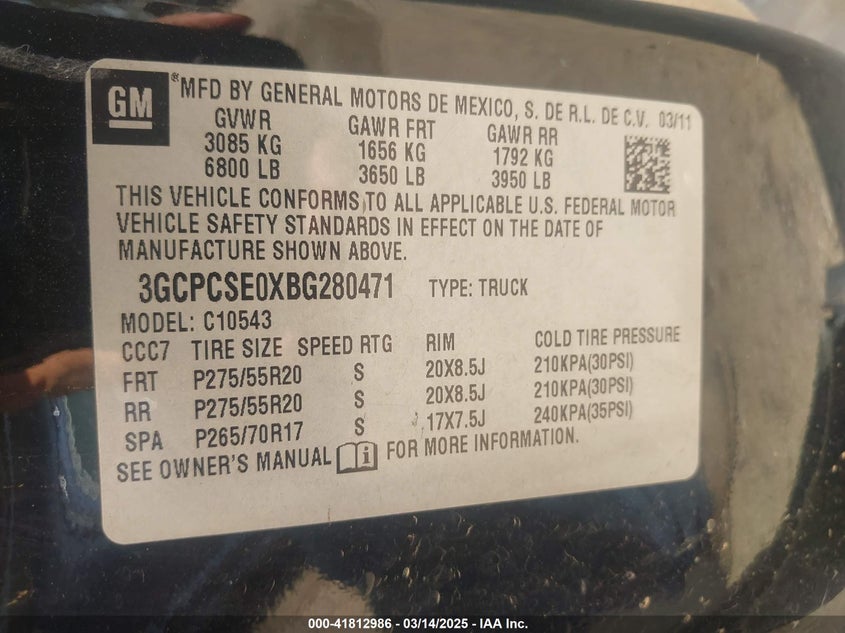 2011 CHEVROLET SILVERADO 1500 VIN: 3GCPCSE0XBG280471