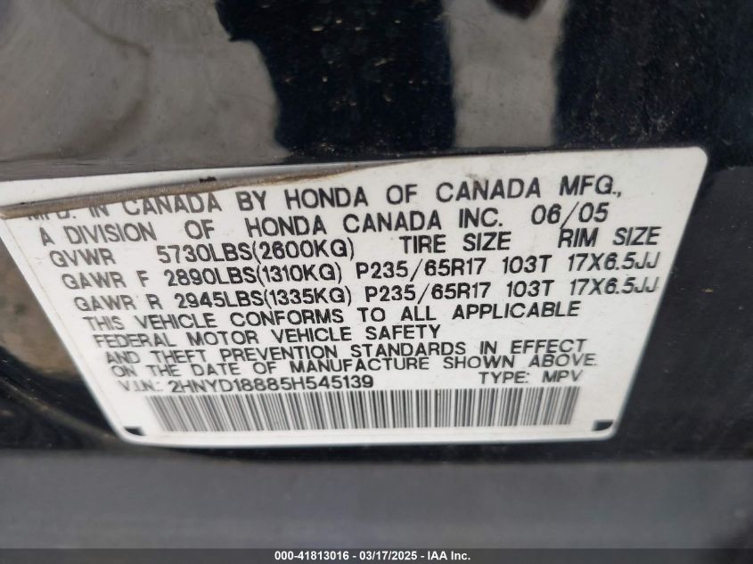 2005 Acura Mdx VIN: 2HNYD18885H54513 Lot: 41813016