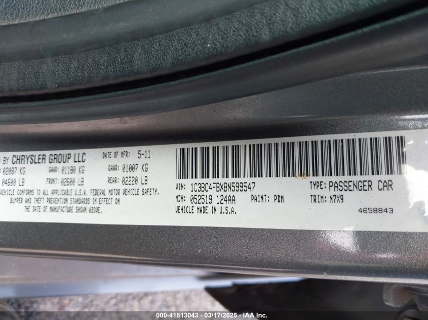 2011 Chrysler 200 Lx VIN: 1C3BC4FBXBN59954 Lot: 41813043