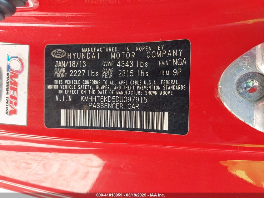 2013 HYUNDAI GENESIS 2.0T - KMHHT6KD5DU097915