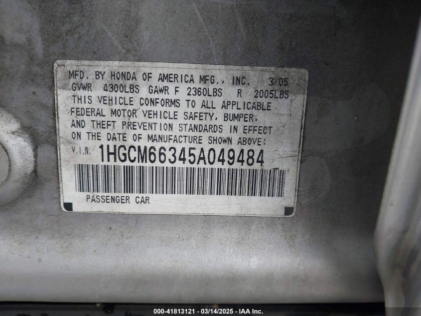 2005 Honda Accord 3.0 Lx VIN: 1HGCM66345A049484 Lot: 41813121