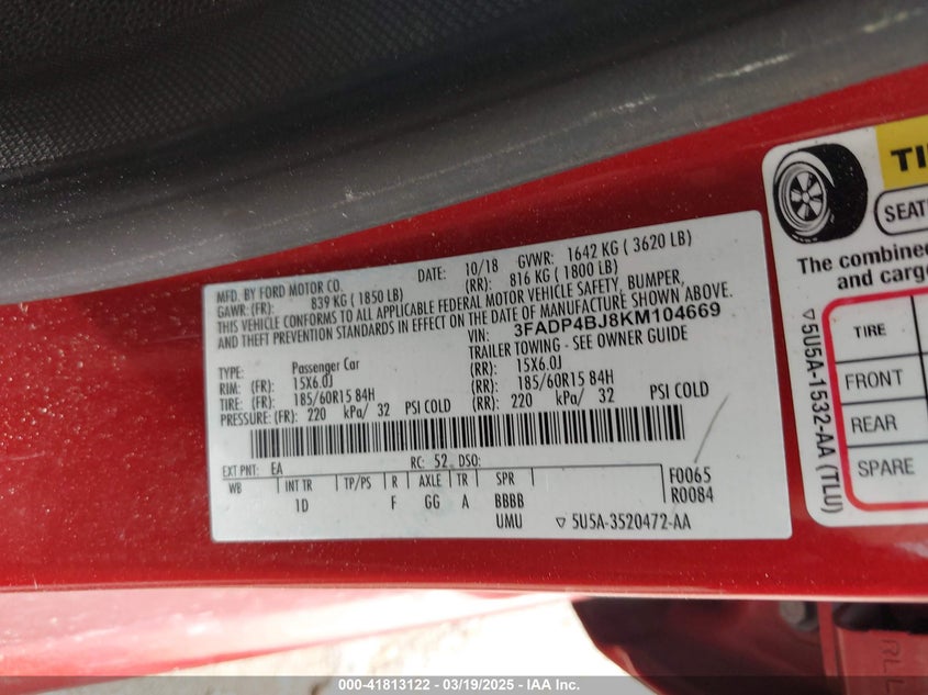 2019 FORD FIESTA VIN: 3FADP4BJ8KM104669