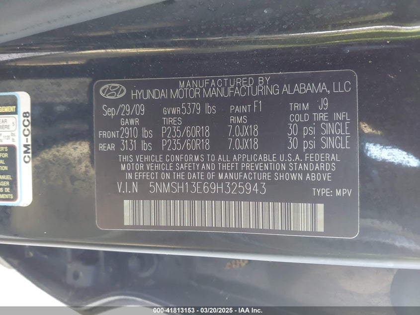 2009 HYUNDAI SANTA FE VIN: 5NMSH13E69H325943