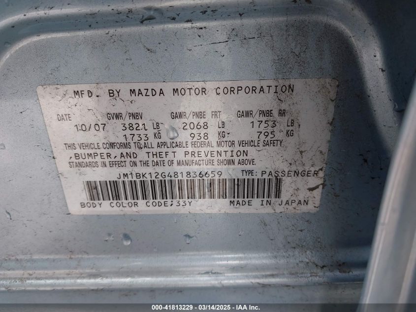 2008 Mazda Mazda3 I VIN: JM1BK12G481836659 Lot: 41813229