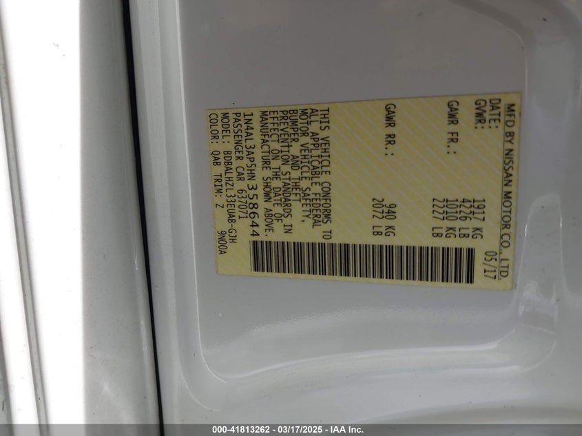 2017 NISSAN ALTIMA VIN: 1N4AL3AP5HN358644