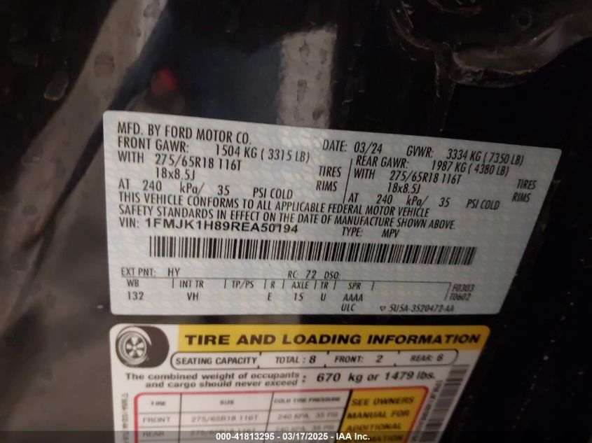 2024 Ford Expedition Xlt Max VIN: 1FMJK1H89REA50194 Lot: 41813295