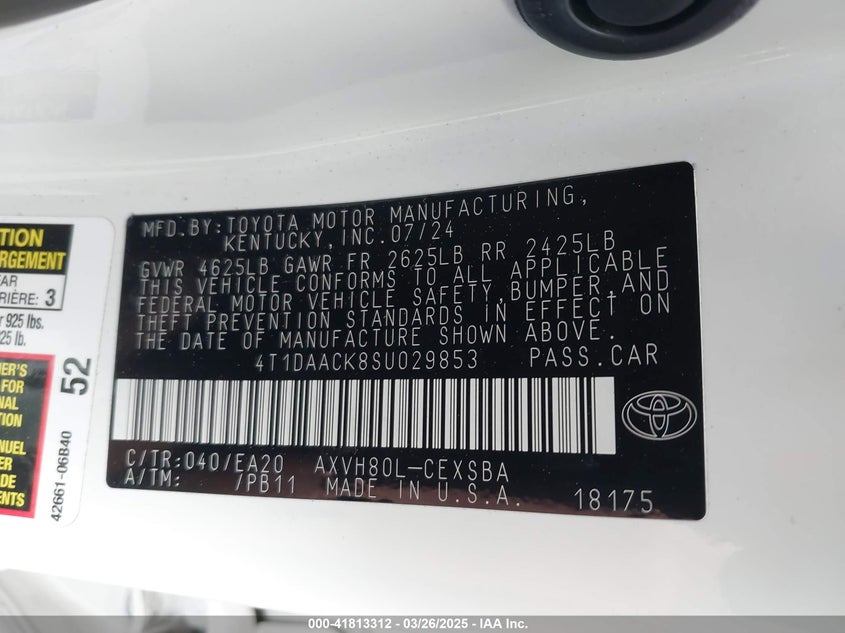2025 TOYOTA CAMRY(VIN: 4T1DAACK8SU029853