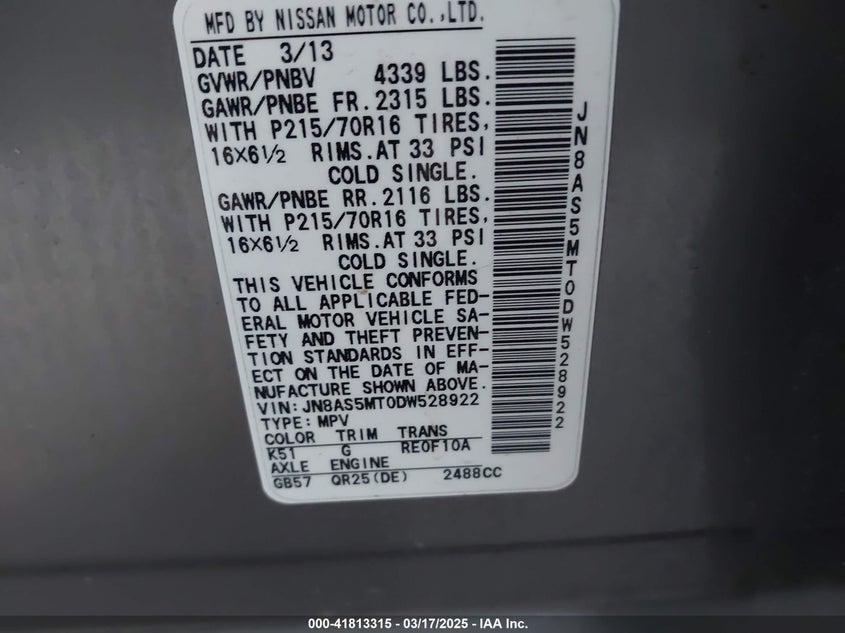 2013 NISSAN ROGUE S - JN8AS5MT0DW528922