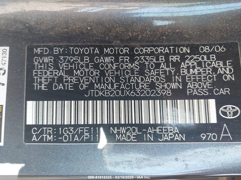 2006 TOYOTA PRIUS VIN: JTDKB20UX63202398