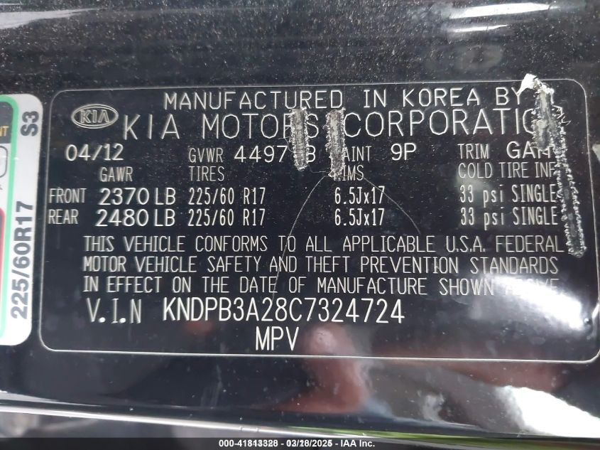 2012 Kia Sportage Lx VIN: KNDPB3A28C7324724 Lot: 41813328