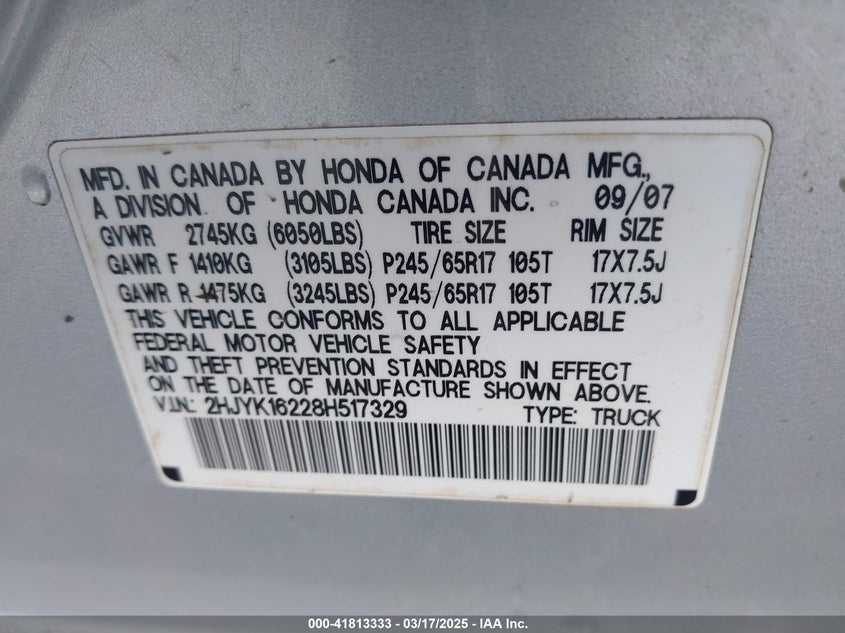2008 HONDA RIDGELINE VIN: 2HJYK16228H517329