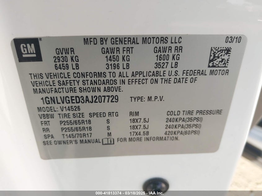 2010 Chevrolet Traverse Lt VIN: 1GNLVGED3AJ207729 Lot: 41813374