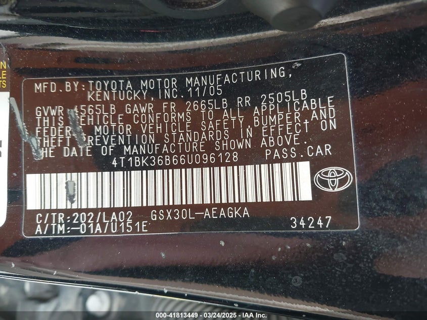 2006 TOYOTA AVALON VIN: 4T1BK36B66U096128