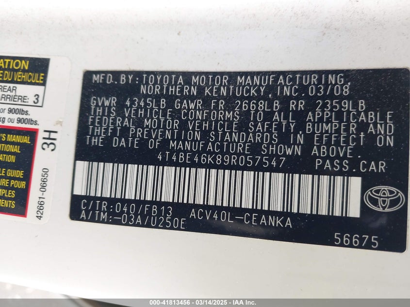 2009 TOYOTA CAMRY VIN: 4T4BE46K89R057547