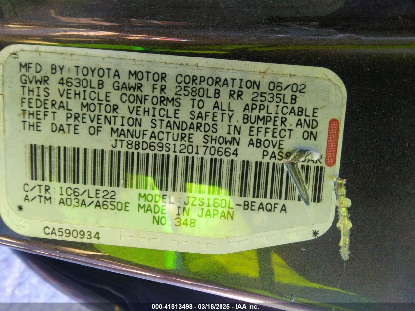 2002 Lexus Gs 300 VIN: JT8BD69S120170664 Lot: 41813498