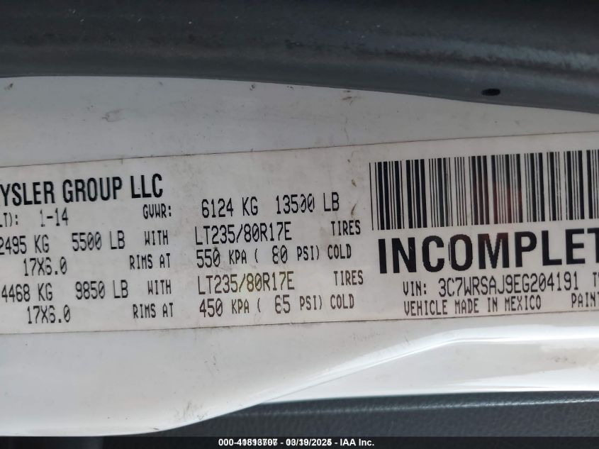 2014 Ram 3500 Chassis Tradesman/Slt VIN: 3C7WRSAJ9EG204191 Lot: 41813707