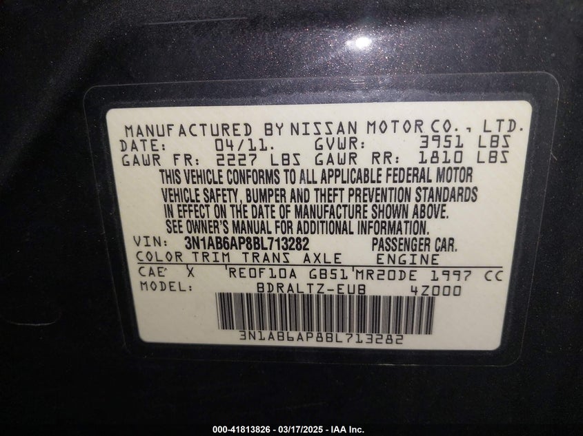 2011 NISSAN SENTRA VIN: 3N1AB6AP8BL713282