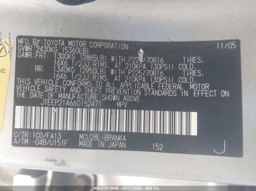 2006 TOYOTA HIGHLANDER VIN: JTEEP21A660152471