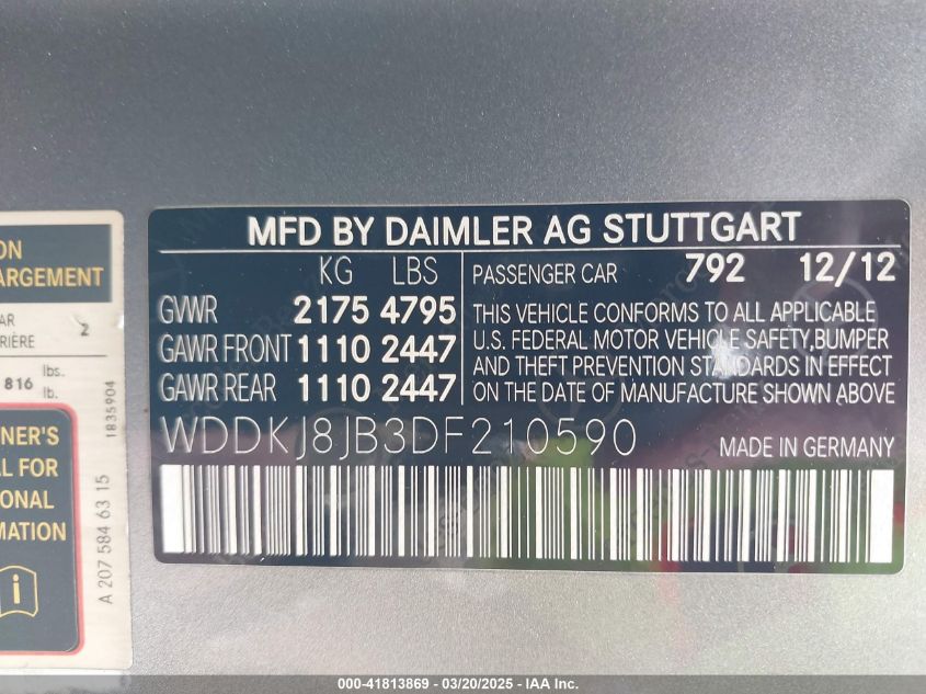 2013 Mercedes-Benz E 350 4Matic VIN: WDDKJ8JB3DF210590 Lot: 41813869