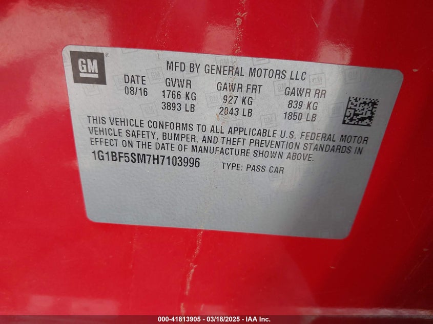 2017 CHEVROLET CRUZE VIN: 1G1BF5SM7H7103996
