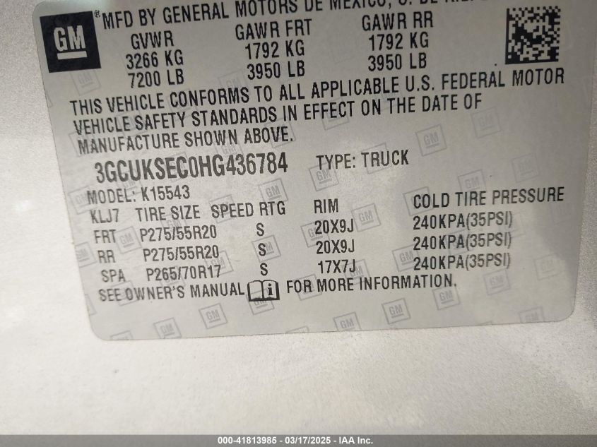 2017 Chevrolet Silverado 1500 2Lz VIN: 3GCUKSEC0HG436784 Lot: 41813985