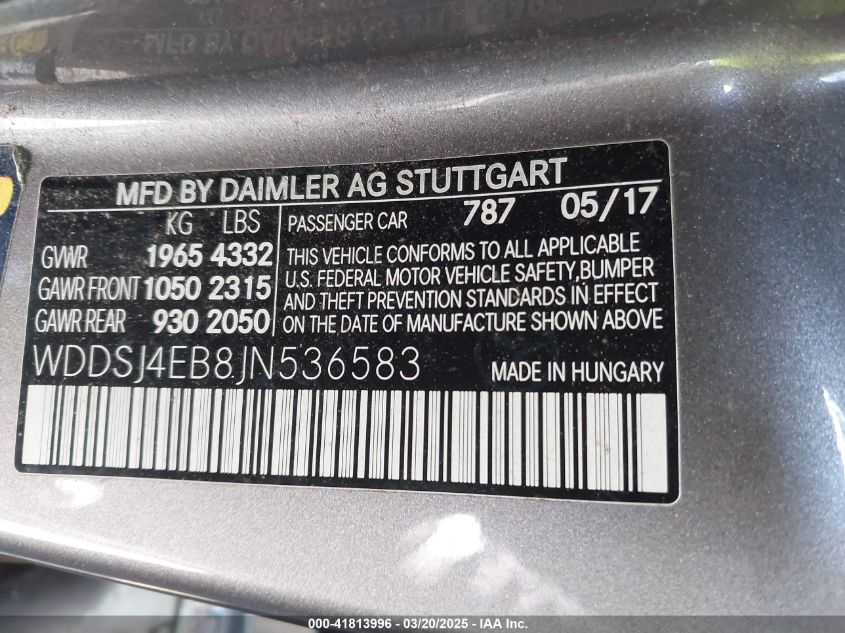 2018 Mercedes-Benz Cla 250 VIN: WDDSJ4EB8JN536583 Lot: 41813996