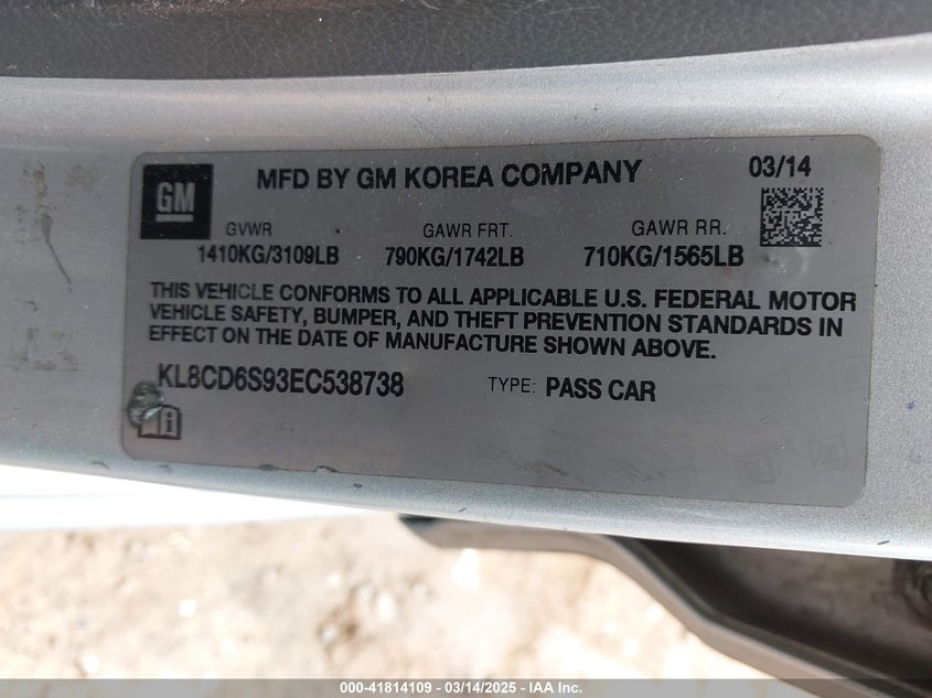 2014 CHEVROLET SPARK VIN: KL8CD6S93EC538738