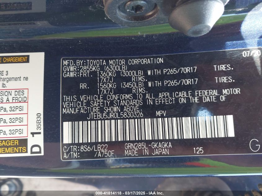 2020 Toyota 4Runner Sr5 Premium VIN: JTEBU5JR0L5830326 Lot: 41814118