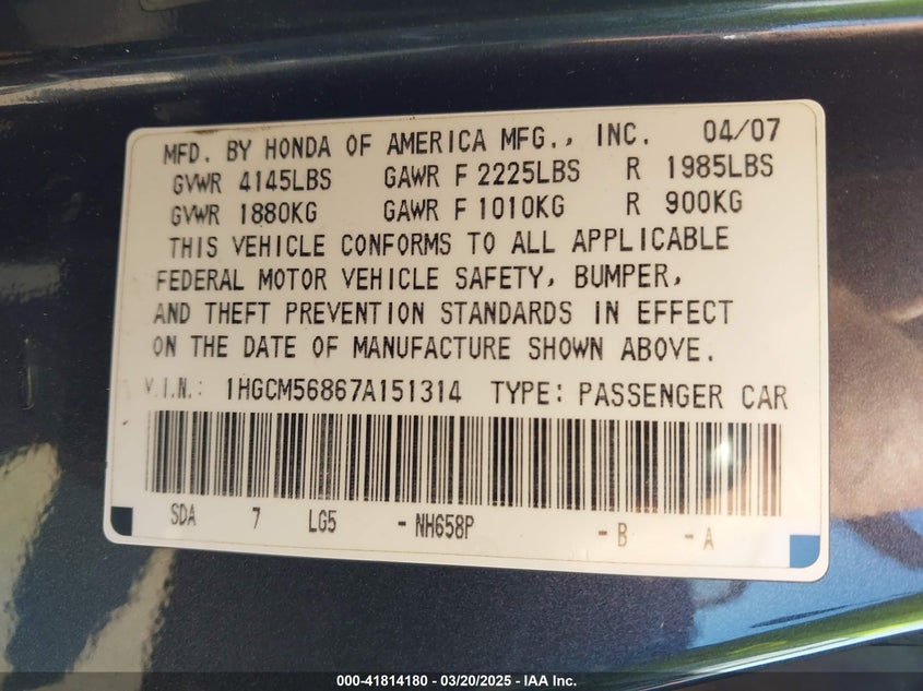 2007 HONDA ACCORD VIN: 1HGCM56867A151314
