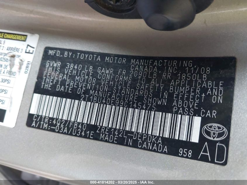 2009 Toyota Corolla VIN: 2T1BU40E99C14547 Lot: 41814202