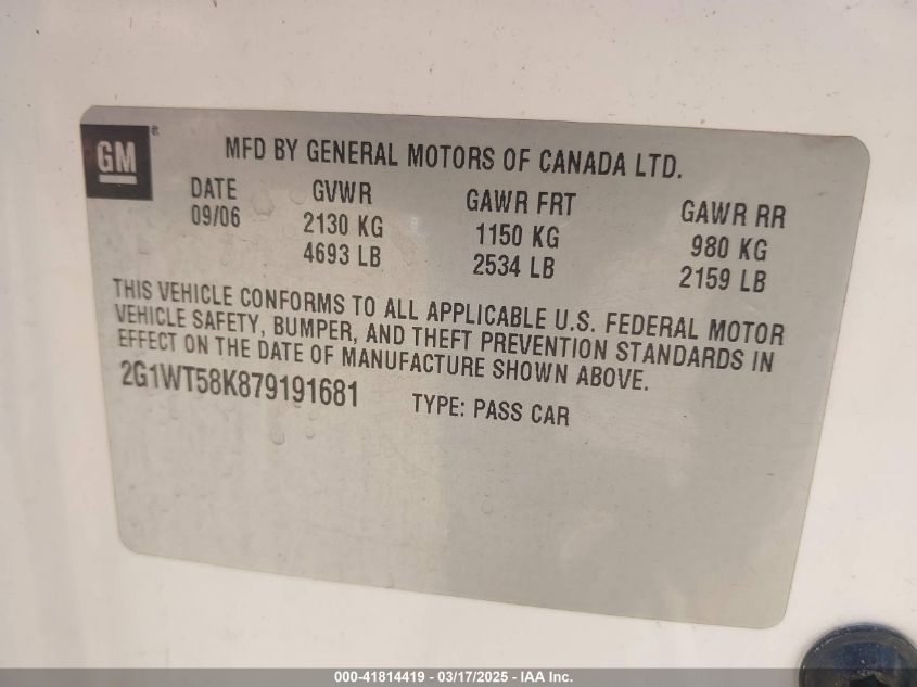 2007 Chevrolet Impala Lt VIN: 2G1WT58K879191681 Lot: 41814419