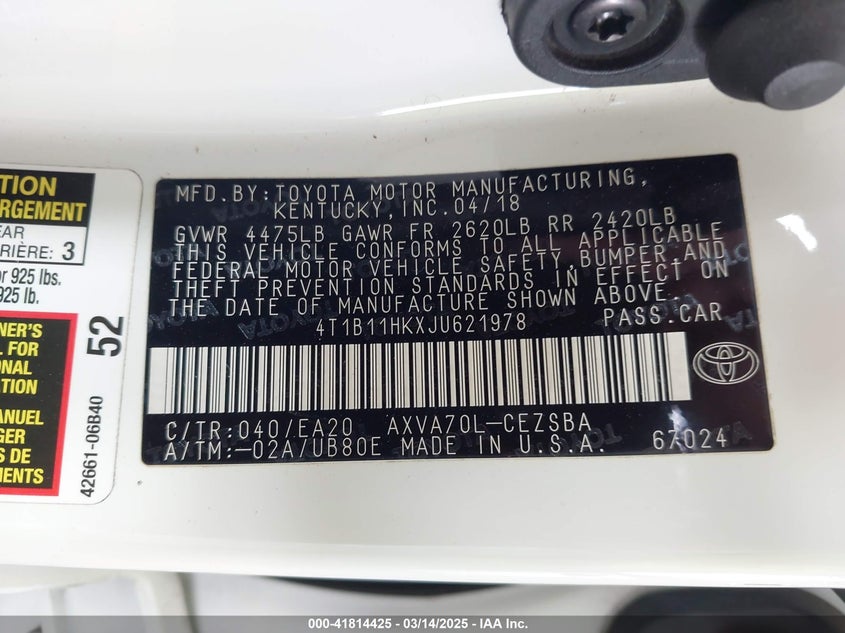 2018 TOYOTA CAMRY VIN: 4T1B11HKXJU621978