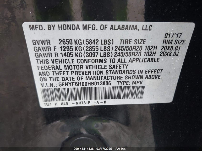 2017 Honda Pilot Elite VIN: 5FNYF6H00HB013806 Lot: 41814436