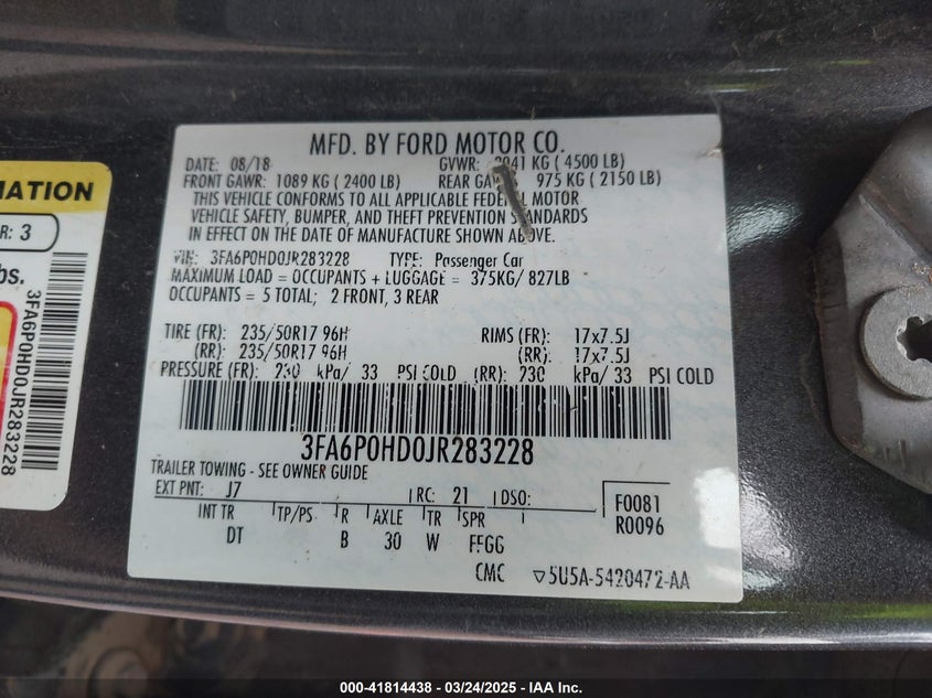 VIN 3FA6P0HD0JR283228 2018 FORD FUSION SE