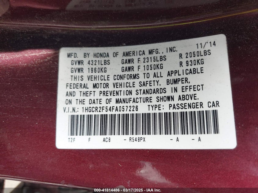 2015 HONDA ACCORD VIN: 1HGCR2F54FA057226