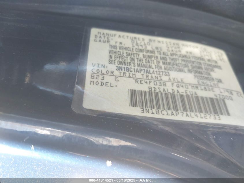 2010 Nissan Versa 1.8S VIN: 3N1BC1AP7AL412733 Lot: 41814521